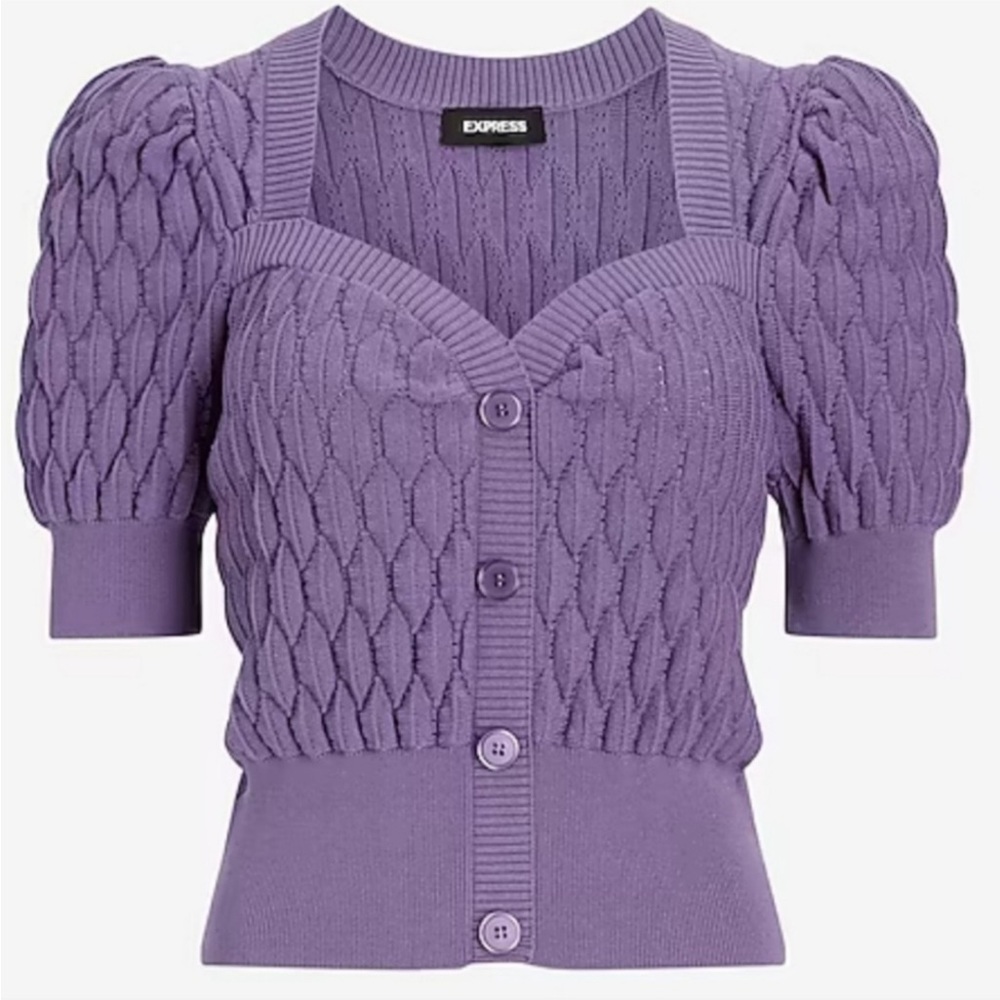 Express Lilac Cable Knit Puff-Sleeve Button Cardigan - Picture 4 of 10